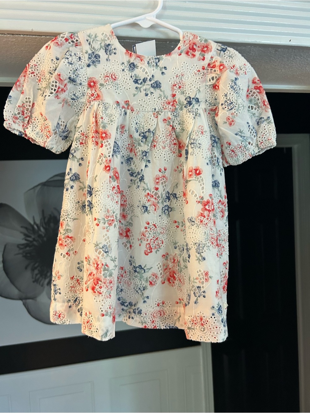 Tartine et Chocolat Cream Floral Eyelet Dress with Pink & Blue Flowers